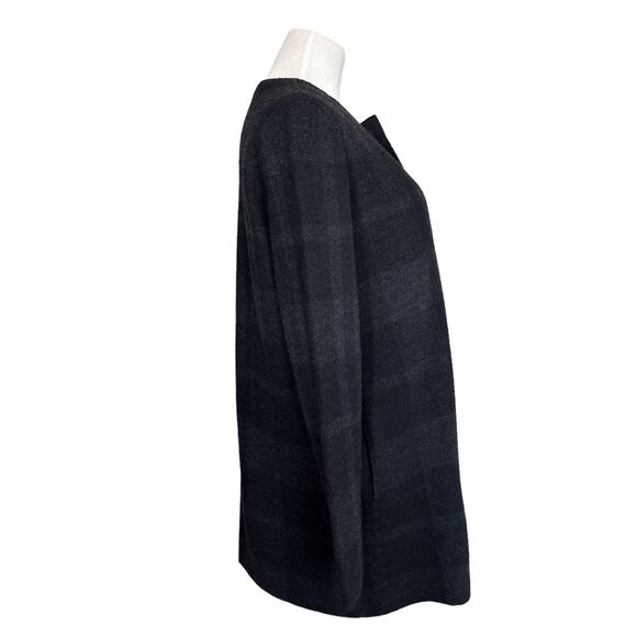 Eileen Fisher Plaid Merino Wool Open Front Long Jacket Cardigan Grey Black Small - Picture 3 of 11